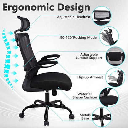 CLATINA Heavy Duty Ergonomic Mesh Office Chair 400LBS, Big and Tall Desk Chair with Adjustable Lumbar Support & Headrest, Flip Up Padded Arms, Swivel Computer Chair for Home, Conference, Black, 4 PACK