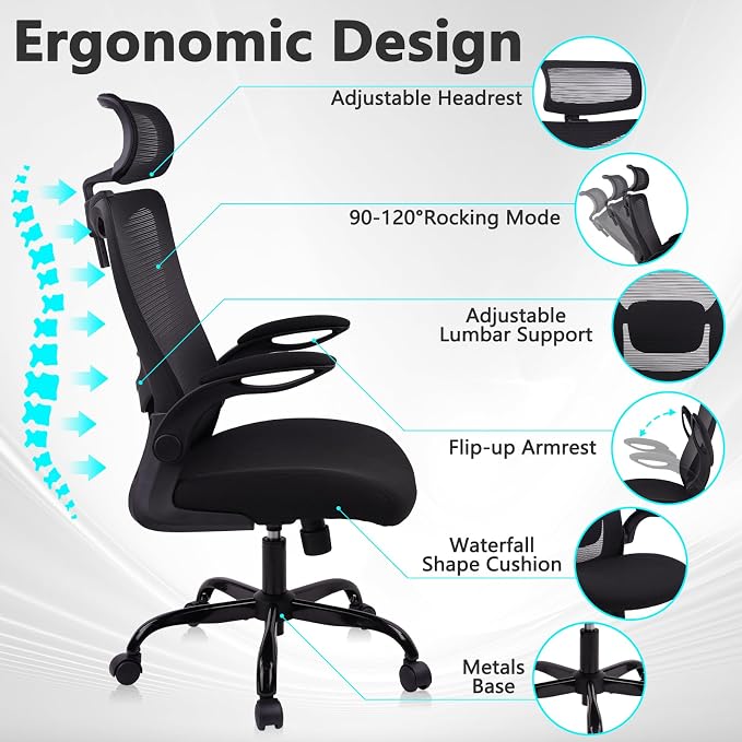 CLATINA Heavy Duty Ergonomic Mesh Office Chair 400LBS, Big and Tall Desk Chair with Adjustable Lumbar Support & Headrest, Flip Up Padded Arms, Swivel Computer Chair for Home, Conference, Black, 2 PACK