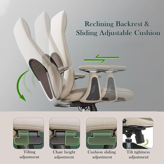 Ergonomic Genuine Leather Office Chair, Executive Chair with Tilt Adjustable High Back and Lumbar Support, 400lbs Weight Capacity Metal Base with 360° Flexible Wheels (White)