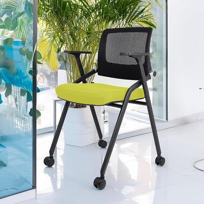 10 Pack Foldable Office Chairs with Wheels, Mesh Back, Arms and Portable - Folding Office Chairs for Conference Room Chair, Office Guest & Reception & Meeting Chair - (Green) 300 lbs.