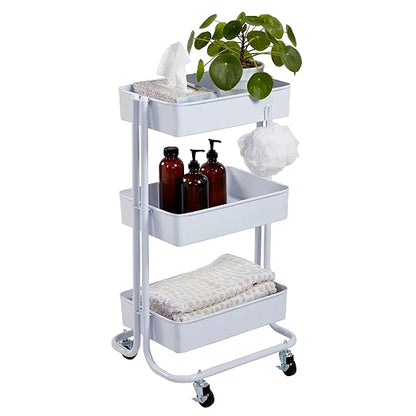 ECR4Kids 3-Tier Metal Rolling Utility Storage Cart, Multipurpose Organization, White