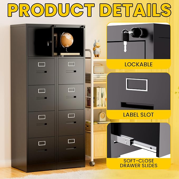 4 Drawer Metal Locking File Cabinet with 1 Door Heavy Duty Lockable Filing Cabinets Home Office Steel File Cabinet Black Vertical File Cabinets for Legal/Letter Size File,Assembly Required