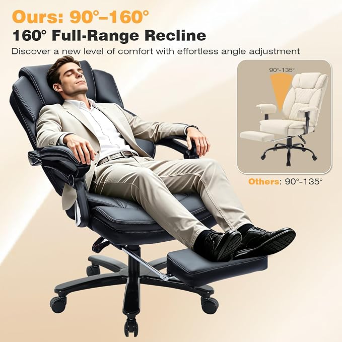 500lbs Reclining Office Desk Chair with Footrest, Managerial Executive Chair Lounge Chair for Office, Plus Size Black Leather Recliner Office Chairs