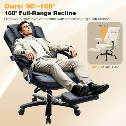 500lbs Reclining Office Desk Chair with Footrest, Managerial Executive Chair Lounge Chair for Office, Plus Size Black Leather Recliner Office Chairs