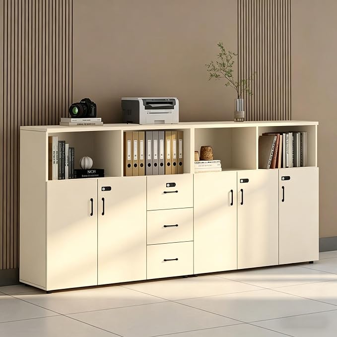 File Cabinet with Password Lock, Wood Lateral Filing Cabinet for Letter/A4 Files, 3 Drawer with Door, Printer Stand with Open Shelves for Home Office