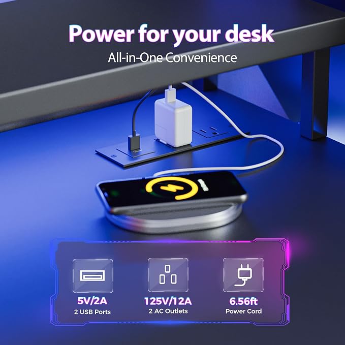 Mericonia 60 inch Gaming Desk with LED Lights & Power Outlets, Reversible Computer Desk with Storage Drawers & Monitor Stand, Large Gaming Table for Home Office