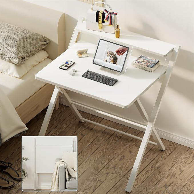GreenForest No Assembly Folding Desk, 2-Tier Compact Computer Desk with Shelf, Space Saving Foldable Table for Home Office, Dorm or Apartment, Portable Collapsible Sturdy Laptop Desk, White