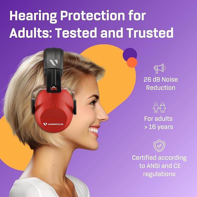 Vanderfields - Hearing Protection Ear Muffs - Over 31 dB (2K Hz) Broad Noise Cancelling Sound Reduction - Adults & Teens