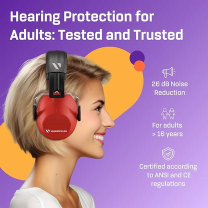 Vanderfields - Hearing Protection Ear Muffs - Over 31 dB (2K Hz) Broad Noise Cancelling Sound Reduction - Adults & Teens