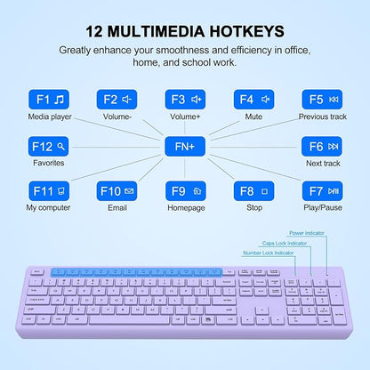 Wireless Keyboard and Mouse Combo, Full-Size Silent Ergonomic Keyboard and Optical Mouse, Long Battery Life, 2.4G Lag-Free Mice Keyboard for Computer, Mac, Laptop, PC, Windows(Purple)