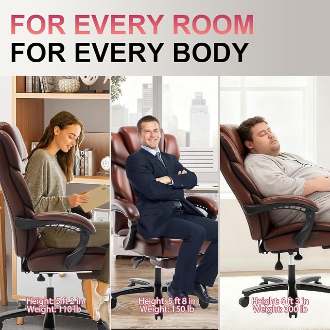 500lbs Reclining Office Desk Chair with Footrest, Managerial Executive Chair Lounge Chair for Office, Plus Size Brown Leather Recliner Office Chairs