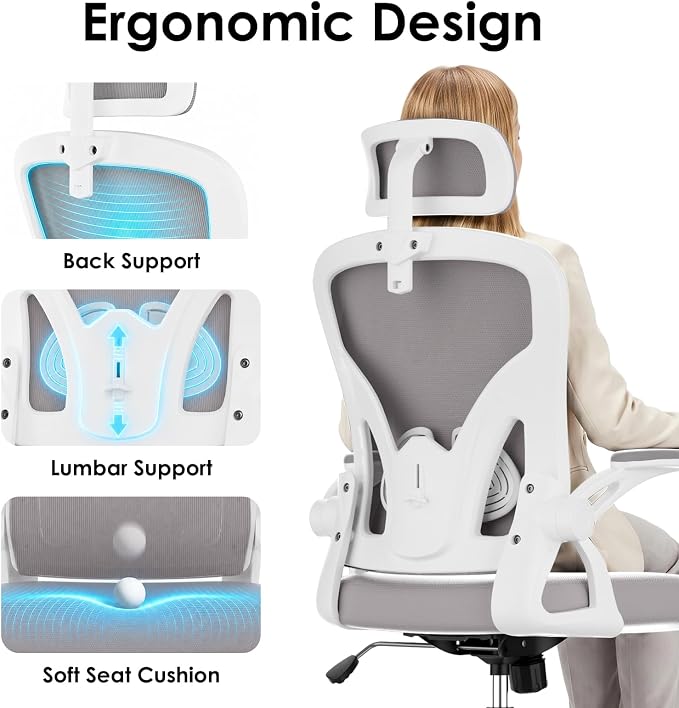 Farini Ergonomic Office Chair, Home Office Desk Chair with Headrest, High Back Swivel Computer Chair with Armrests and Adjustable Lumbar Support for Home Office Study Room, White & Grey
