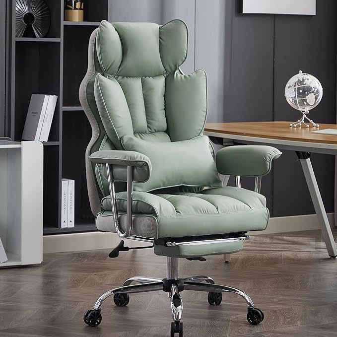 Efomao Big and Tall Office Chair 400lbs - Executive Office Chairs with Footrest, Heavy-Duty PU Leather Computer Chair for Heavy People, Light Green Home Office Desk Chairs | 400lbs support, 135° recline, dual-layer foam cushion, 23.5" seat & footrest. ...
