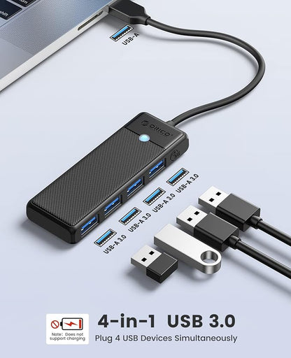 ORICO USB 3.0 Hub, 4-Port USB Hub with 6Ft Long Cable, Ultra Slim USB Splitter for Laptop MacBook Pro, iMac, Surface Pro, XPS, PS5，PC, Flash Drive, Mobile HDD