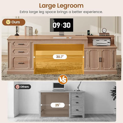 SEDETA Farmhouse 70.9" Executive Desk, Home Office Desk with File Drawers and Storage Cabinet, Computer Desk with Power Outlet for Home Office, Work Study Writing, Oak