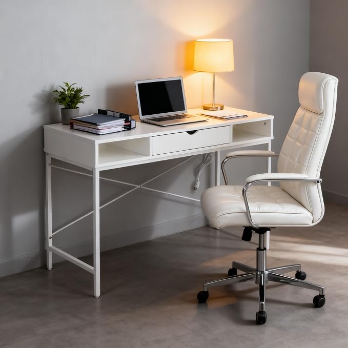 JJS 48' Writing Desk with Power Outlet, Home Office Contemporary Large Computer Desk Laptop Workstation with Drawer USB Ports Charging Station, White