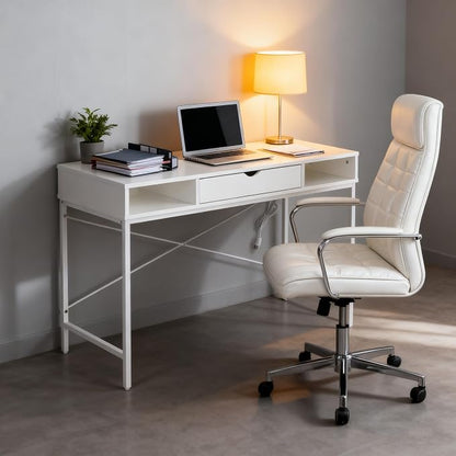 JJS 48' Writing Desk with Power Outlet, Home Office Contemporary Large Computer Desk Laptop Workstation with Drawer USB Ports Charging Station, White