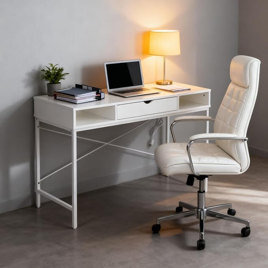 JJS 48' Writing Desk with Power Outlet, Home Office Contemporary Large Computer Desk Laptop Workstation with Drawer USB Ports Charging Station, White