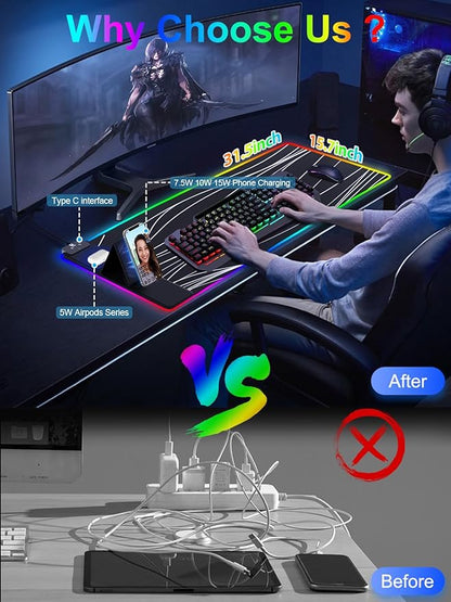 XXL Mouse Pad with Phone Holder - Black, RGB Desk Mat with 15W Fast Charging, LED Gaming Mousepad with 11 Light Colors, Waterproof Non-Slip Pad for Office & Home (Wave)