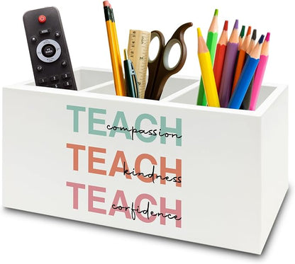 Teacher Pen Pencil Holder Organizer for Desk, Teacher Appreciation Gifts, Teach Compassion Kindness Confidence Wooden Box Sign for Classroom Office Workplace Desk Tabletop Decorations
