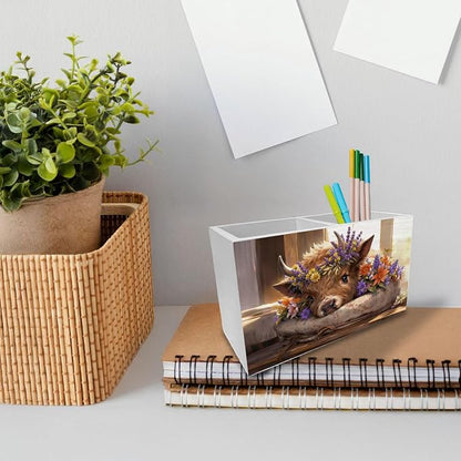 Spring Floral Highland Cow Pen Holder for Desk, Highland Cow Lovers Gifts Wooden Box Sign Desk Decor for Home Office Decoration, Cottagecore Wildflower Heifer Pencil Organizer