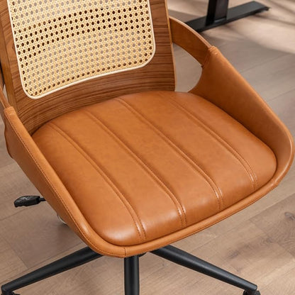 Home Office Desk Chair with Ergonomic Rattan Backrest, Walnut Crafts, Curved Arms, Faux Leather, Caster Wheels, Height Adjustable, Computer Chair (Walnut Brown)