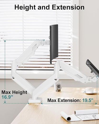 Dual Monitor Arm Desk Mount Fits 13 to 32 inch Computer Screens, Holds 4.4 to 19.8lbs Display VESA Mount, Adjustable Double Monitor Stand with Clamp/Grommet Base, 75/100mm Bracket, White, Freelift