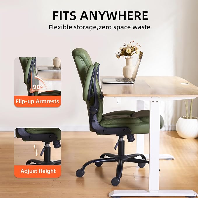 Home Office Ergonomic Desk Chair - Comfy Leather Executive Chair with Flip-Up Armrests, Height Adjustable Computer Chair for Gaming, 360° Swivel & Rocking (Green)