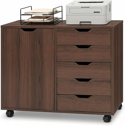 Giantex 5-Drawer File Cabinet with Wheels, Wooden Rolling Lateral Filing Cabinet with Door and Adjustable Shelf, Chest of Drawers, Mobile Printer Stand Organizer for Home Office and Bedroom (Coffee)
