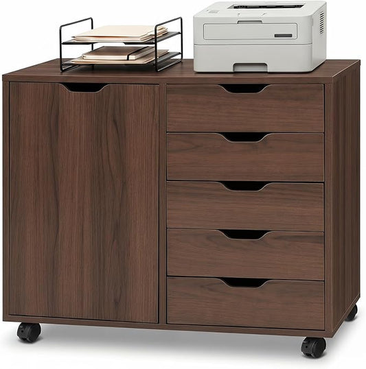Giantex 5-Drawer File Cabinet with Wheels, Wooden Rolling Lateral Filing Cabinet with Door and Adjustable Shelf, Chest of Drawers, Mobile Printer Stand Organizer for Home Office and Bedroom (Coffee)