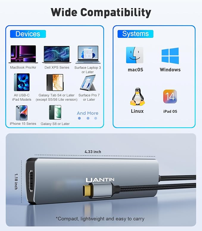 UANTIN USB C Hub 7 in 1 Multiport Adapter with 4K HDMI Dongle, 100W PD, SD/TF Card Reader, 3 USB-A, USBC Docking Station for MacBook Mac Pro/Air, Dell, HP, ASUS, Acer and Other Type C Laptops