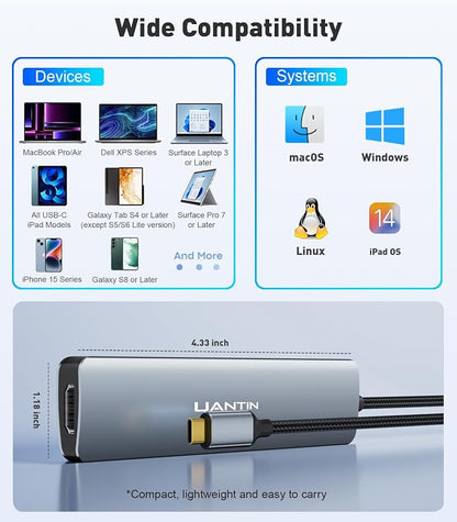 UANTIN USB C Hub 7 in 1 Multiport Adapter with 4K HDMI Dongle, 100W PD, SD/TF Card Reader, 3 USB-A, USBC Docking Station for MacBook Mac Pro/Air, Dell, HP, ASUS, Acer and Other Type C Laptops