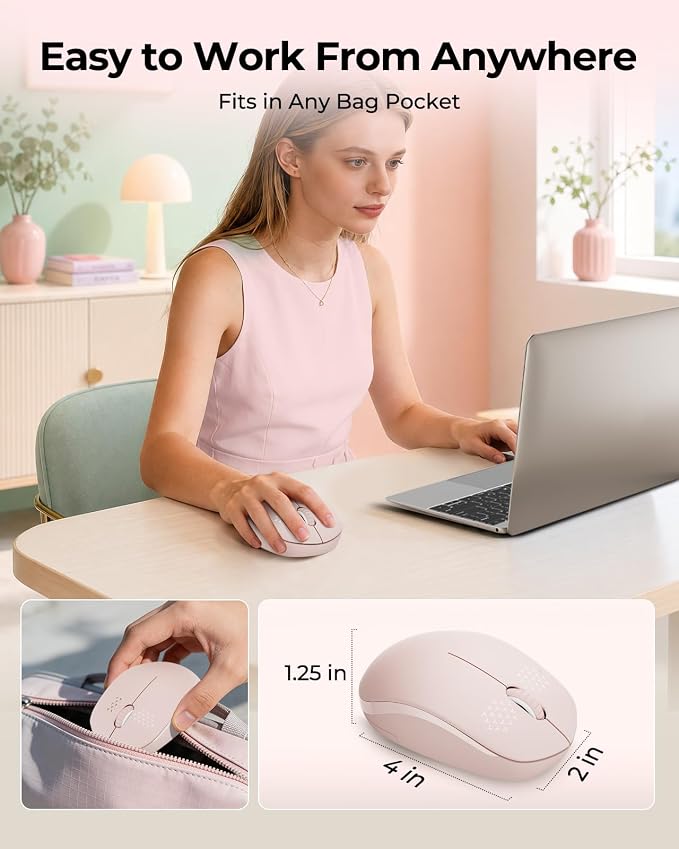 seenda Wireless Mouse for Laptop, 2.4G Noiseless Mouse with USB Receiver - Optical Tracking Portable Computer Mice for Chromebook, PC, Tablet, Windows System, 24 Months Battery Life - Pink