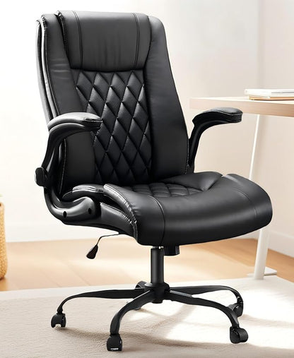 Marsail Executive Office Chair Ergonomic Desk Chair with Flip-up Armrests PU Leather Height-Adjustable Swivel Rolling Dark