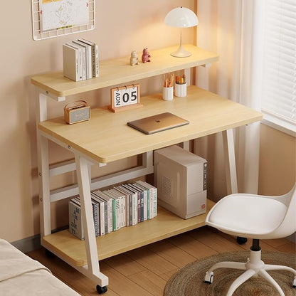 31.5 Inch Rolling Computer Desk for Small Spaces, Monitor Stand & 3-Tier Storage with Lockable Wheels, Easy Assembly for Bedroom, Dorm & Apartment