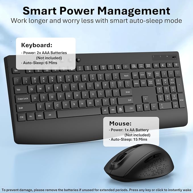Wireless Keyboard and Mouse Combo, Full-Size Ergonomic Computer Set with Palm Rest, Lag-Free 2.4G USB Cordless Quiet Typing, Silent Click, Auto-Sleep for PC, Mac, Laptop, Windows (Black)