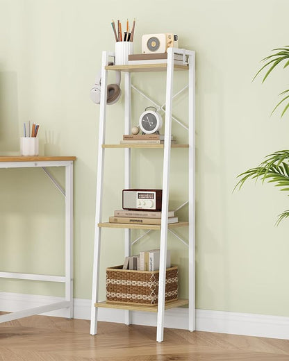 Hzuaneri Ladder Shelf, Bookshelf Bookcase, Freestanding Corner Storage Shelve with 2 Hooks for Home Office, Living Room, Kitchen, Bedroom, Industrial, 11.8" D x 13.4" W x 47.2" H, White Oak and White