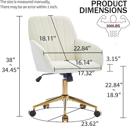 YITAI Velvet Office Desk Chair with Wheels and Gold Base,Modern Height Adjustable 360 Degree Swivel Upholstered Vanity Chairs with Arms for Living Room Bedroom, Study,Cream