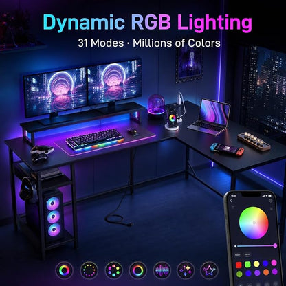 DEVAISE Spacious 55" L Shaped Gaming Desk with LED Lights and Power Outlets - Reversible Corner Computer Table with Monitor Stand and Storage Shelves for Work and Gaming, Black