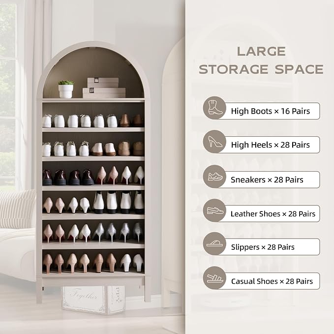 IFGET 71" Tall Arched Bookshelf, 7 Tiers Arch Bookcase with Storage, Modern Farmhouse Book Shelf with Adjustable Shelves, Wood Bookshelf w/Open Display Shelves for Living Room, Office (Cream)