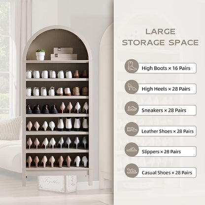 IFGET 71" Tall Arched Bookshelf, 7 Tiers Arch Bookcase with Storage, Modern Farmhouse Book Shelf with Adjustable Shelves, Wood Bookshelf w/Open Display Shelves for Living Room, Office (Cream)