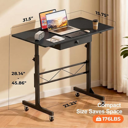COMHOMA Small Standing Desk with Storage Drawer, Mobile Height Adjustable Rolling Sit Stand Desk with Lockable Wheels 4‑Level Portable Laptop Desk for Small Space Home Office Treadmill Workstation