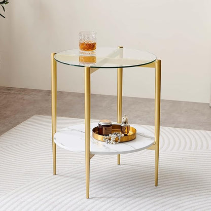 LumFurn Round Glass End Table, Mid-Century Modern Design Sofa Table for Living Room, D18 x H23 in, 2-Tier Structure, Clear Glass Top and White Marble Shelf, Sleek Conical Legs with Gold Finish Frame