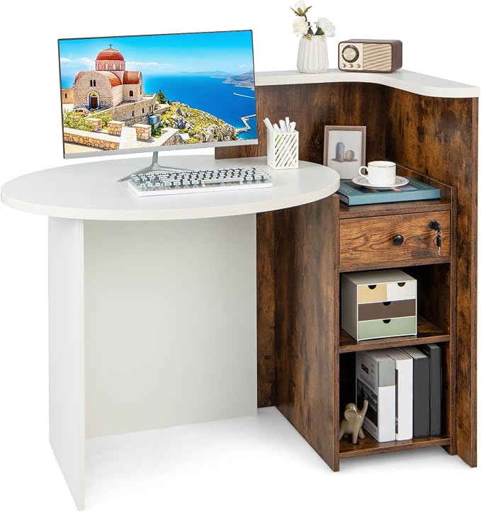 Tangkula Reception Desk, Front Counter Desk with Lockable Drawer & Adjustable Shelf, Oval Desktop, Retail Counter for Checkout, Computer Workstation for Salon Lobby Home Office
