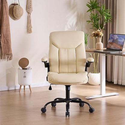 Leather Executive Office Chair - Ergonomic Computer Chair with Flip-up Arms Comfy PU Leather Home Desk Chairs Mid Back Support Adjustable Height Tilt Lock Swivel Rolling Wheels, Beige