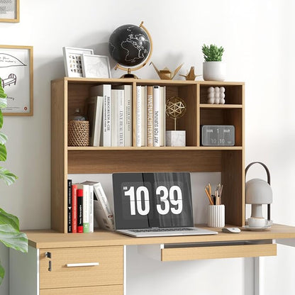 LDAILY Desktop Bookshelf, 2-Tier Office Desk Shelf Organizer Desk Hutch with 4 Shelves, 37’’L Wood Storage Rack Display Shelf for Computer Desk, Office, College Dorm, Bedroom (Natural)