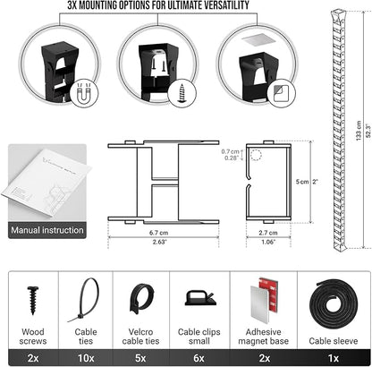 Ultimate Setup Under Desk Cable Management Vertebrae - Perfect for Sit Stand Desk - Wire Management - Adjustable Length - Flexible Cable Spine - Black, 133 cm