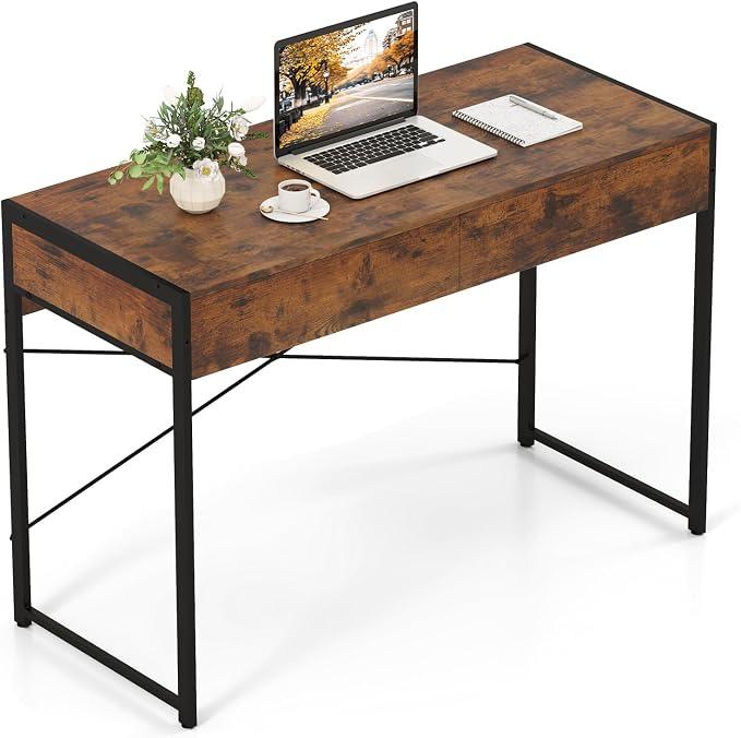 GOFLAME 44 Inch Computer Desk with 2 Drawers, Home Office Desk with Metal Frame, Small Study Writing Workstation with Storage, PC Laptop Table for Living Room, Bedroom, Study, Rustic Brown