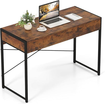 GOFLAME 44 Inch Computer Desk with 2 Drawers, Home Office Desk with Metal Frame, Small Study Writing Workstation with Storage, PC Laptop Table for Living Room, Bedroom, Study, Rustic Brown