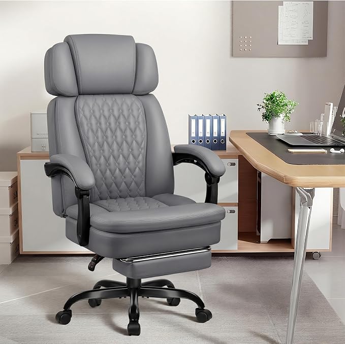 PRETZI Executive Office Chair 400LBS, Ergonomic Office Chair with Foot Rest, Heavy Duty Desk Chair for Home Office, Reclining High Back PU Leather Computer Chair Comfy, Gray